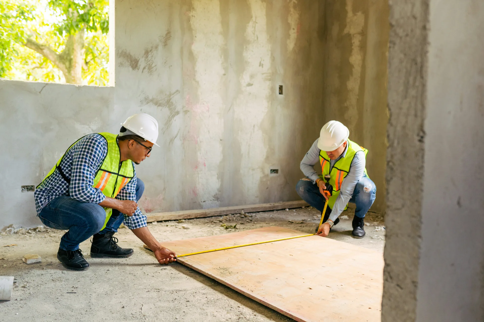 crew measuring a basement subfloor before a concrete pour in Oshawa